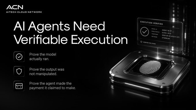 The image features a square display with a fingerprint on it. The background of the image is black, making the fingerprint stand out prominently. Below the fingerprint, there are three bullet points that explain the concept of "AI Agents Need Verifiable Execution". These bullet points provide information about how to prove the model actually ran and how to ensure the payment was claimed by the AI system.