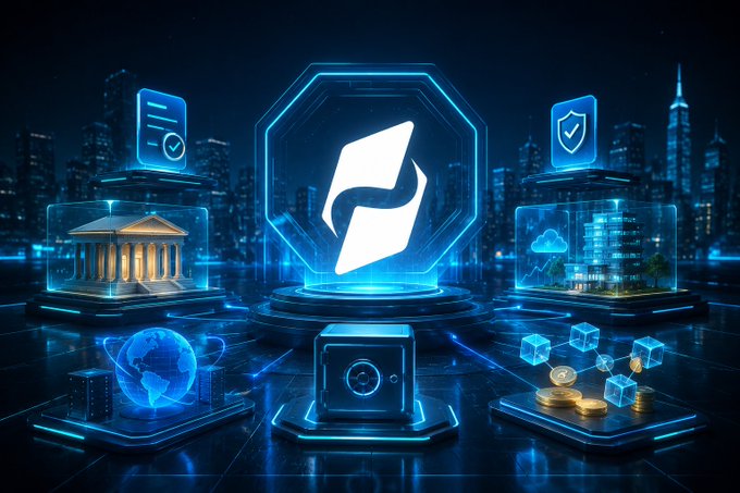 A glowing octagonal SimpleChain emblem stands at the center of a futuristic cityscape, surrounded by holographic displays of a bank, globe, cloud servers, shield, and tokenized assets. The image visually echoes the post's thesis—framing SimpleChain 2.0 as the foundational infrastructure powering the "boring" essentials of RWA tokenization: trusted data, compliance, oracle networks, and settlement.