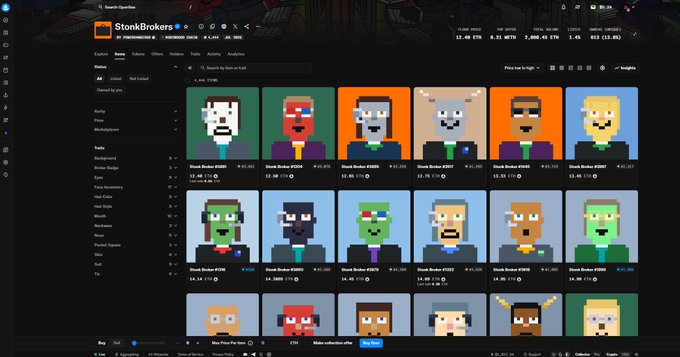 A screenshot of the StonkBrokers NFT marketplace on OpenSea, displaying a grid of pixel-art avatar collectibles with prices like 4.00 ETH and labels such as 'Stonk Broker #2696'.