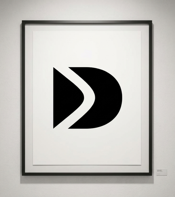 A framed black-and-white minimalist artwork displayed on a white wall, featuring two geometric shapes—a triangle and a rounded half-moon form—that together suggest a stylized play button or letter 'D'.