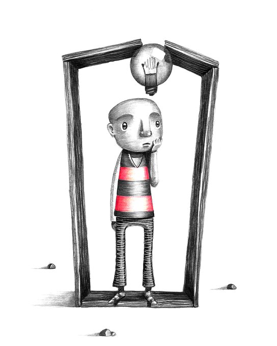 A black and white pencil-style illustration of a young person standing inside an open picture frame with a lightbulb containing a hand above their head.