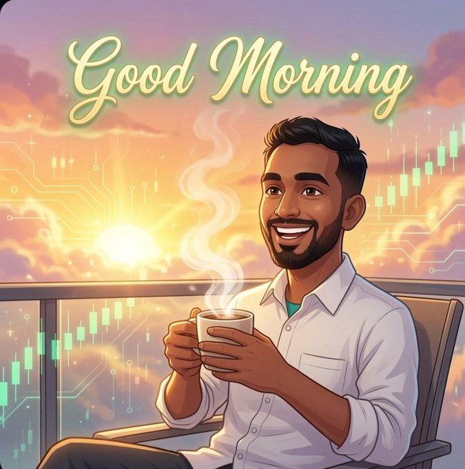 The image features a man sitting in a chair holding a cup of coffee while looking out at an orange sky with clouds. The caption reads "Good Morning" above him, suggesting that he's enjoying his morning coffee. Below the man, there is text about three projects and how they are related to the post.