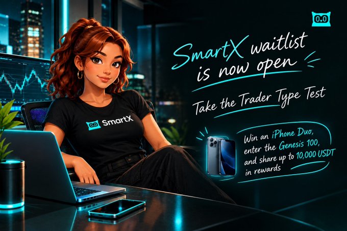 A promotional graphic featuring an animated woman wearing a 'Smartx' t-shirt next to text reading 'SmartX waitlist is now open', 'Take the Trader Type Test', and offering prizes like an 'iPhone Duo' and '10,000 USDT'.