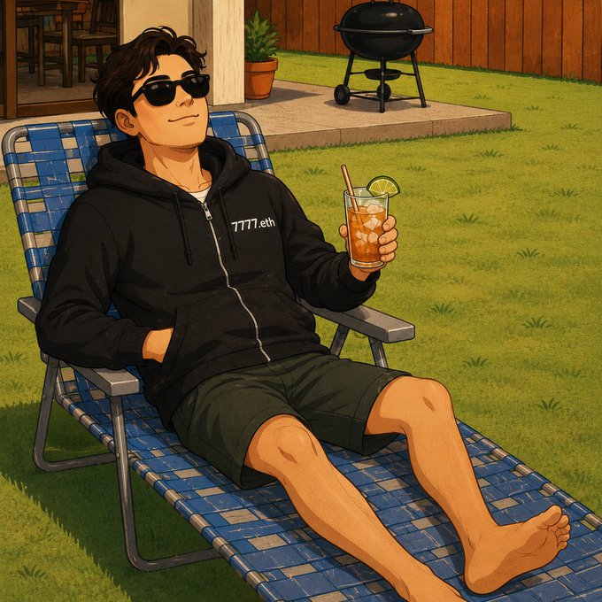 A relaxed cartoon figure lounges on a blue-checkered lawn chair in a backyard, wearing a black hoodie emblazoned with "7777.eth" and sunglasses, holding an iced drink with a lime garnish beside a grill. The laid-back scene visually embodies the optimistic, future-believing vibe of "GM ENS fam. Believe in the future."