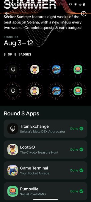 The Phantom wallet 'Seeker Summer' screen showing 8 of 8 badges earned during Round 03 (Aug 3-12), with completed apps including Titan Exchange, LootGO, Game Terminal, and Pumpville.