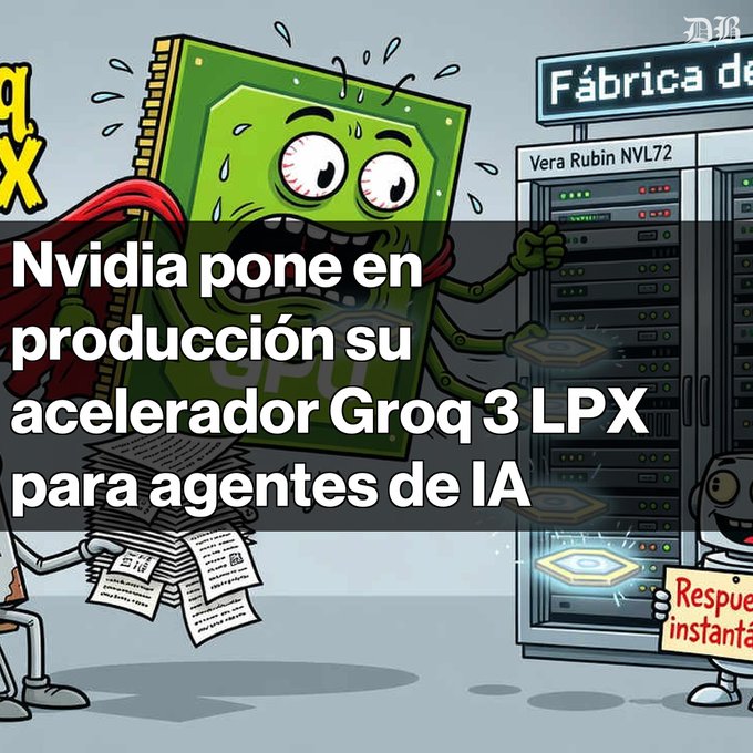 A cartoon illustration of a panicked green computer chip wearing a cape, sweating while holding papers, with Spanish text overlaid: 'Nvidia pone en producción su acelerador Groq 3 LPX para agentes de IA'.