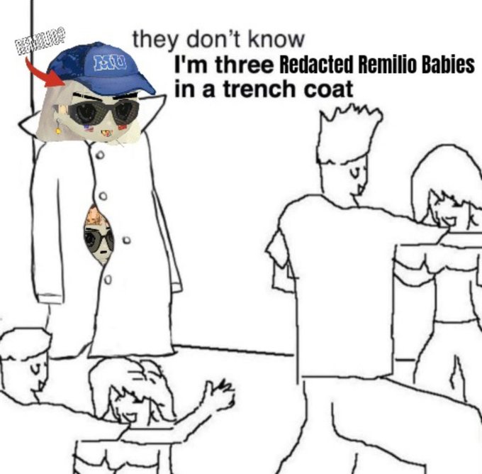 ersatz cartoon characters, including a man and woman with sunglasses, stand against a white background, accompanied by text about the "Three Redacted Remiilio Babies" in a trench coat.