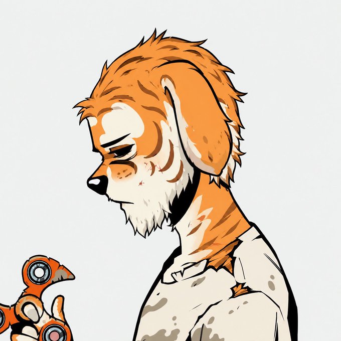 An illustrated anthropomorphic character with orange and white striped fur resembling a tiger, dog, or cat looks down at a small orange and white robotic creature.