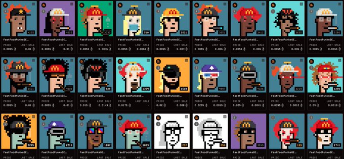 These are a series of images featuring digitally created characters displayed in three rows. Each character is associated with "Fast Food" and includes details such as unique identifiers, last sale prices, and performance trends. The post mentions that these items can be found on "blur.io," suggesting they are part of a collectible digital series, potentially NFTs (non-fungible tokens), and are available on platforms other than OpenSea.