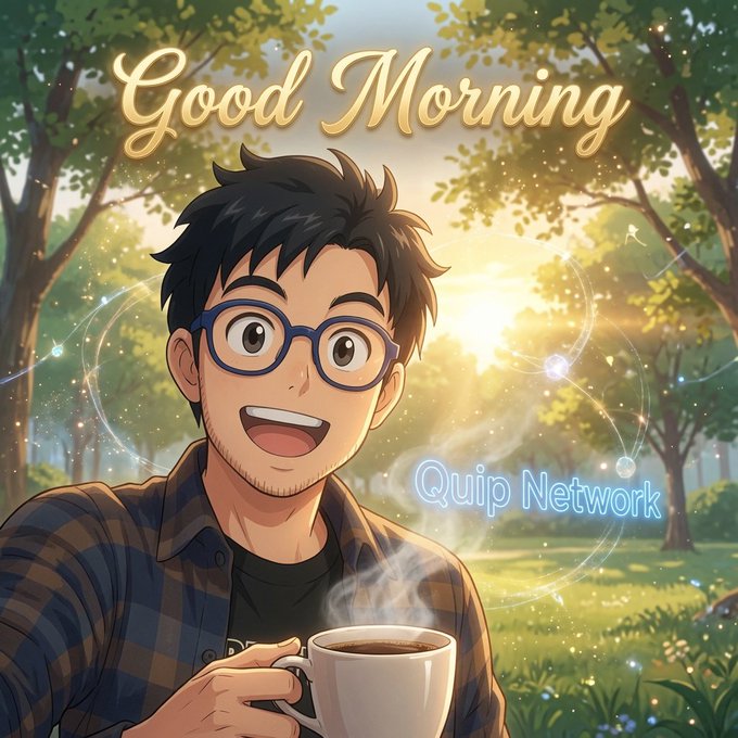 An anime-style 'Good Morning' illustration of a smiling man with glasses holding a steaming coffee mug, branded with "Quip Network" text.