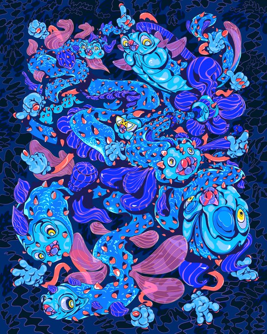 A vibrant illustration featuring intertwined blue and pink spotted creatures with multiple eyes, swirling together against a dark patterned background.