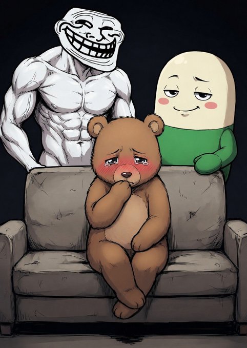 A digital illustration showing a sad, blushing teddy bear sitting on a gray couch, flanked by the trollface meme character on the left and a smug-looking egg-like figure on the right.