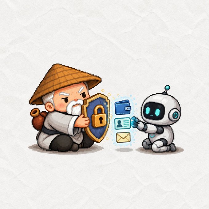 Illustration of a pixel-art elderly man in a conical hat holding a shield with a padlock, facing a small robot exchanging wallet, ID, and email icons.