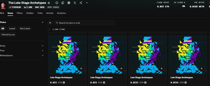 The image displays an NFT collection page on a marketplace showing "The Late Stage Archetypes" collection with 2,500 items, featuring colorful glitch-art ape characters priced at 0.023 ETH each (up from the original 0.01 ETH mint price). The floor price shown is 0.022 ETH with 0% change in the last 24 hours and a top offer of 0.018 ETH, confirming the post's mention of the price increase following the collaboration with The Underdogs.