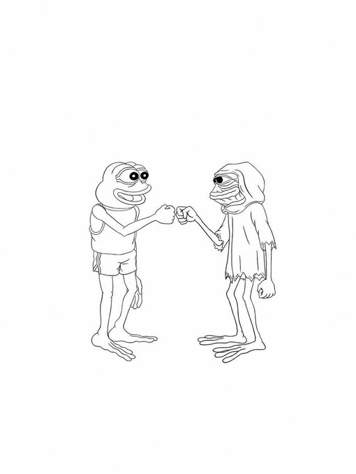 A black and white line drawing of two Pepe the Frog-style cartoon characters standing face to face and bumping fists.