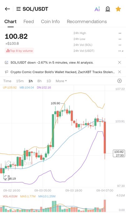 A Binance SOL/USDT chart shows Solana's price dropping 2.67% to $100.82 in just 5 minutes, with a noticeable red candlestick spike down at the far right. The caption references the meme, suggesting a fellow trader or "dud" is being humorously blamed for the sudden price crash.