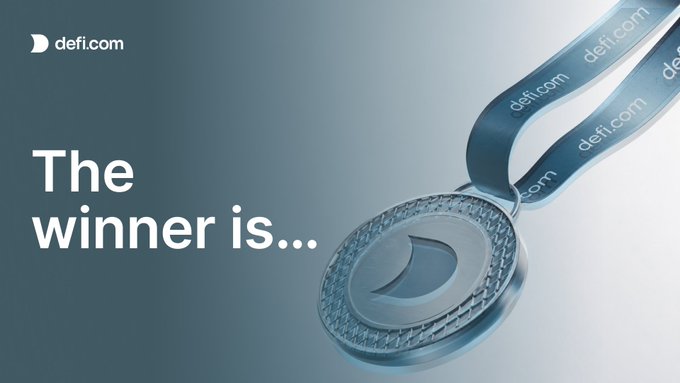 The image features a silver medal with a blue ribbon branded "defi.com," alongside the text "The winner is…" on a gradient blue background, teasing the upcoming announcement of the 10 winners of the $200 USDC thread competition mentioned in the accompanying post.