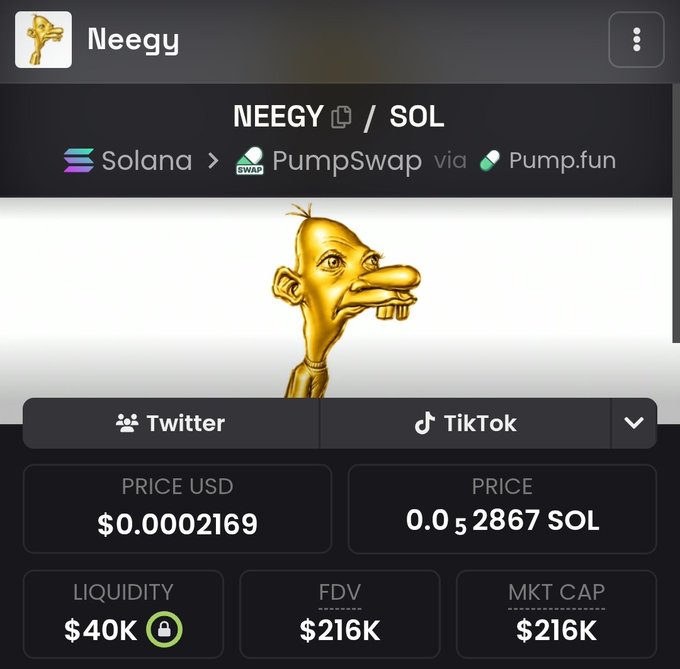 A cryptocurrency trading chart for the $NEEGY/SOL token pair on Solana via PumpSwap, showing a price of $0.0002169 (0.00052867 SOL), with $40K liquidity, $216K FDV, and $216K market cap, accompanied by a meme-style golden cartoon face that ties into the boastful post celebrating recent profitable token calls like $NEEGY, $DCR, $TRIPLET, and $YOLO.