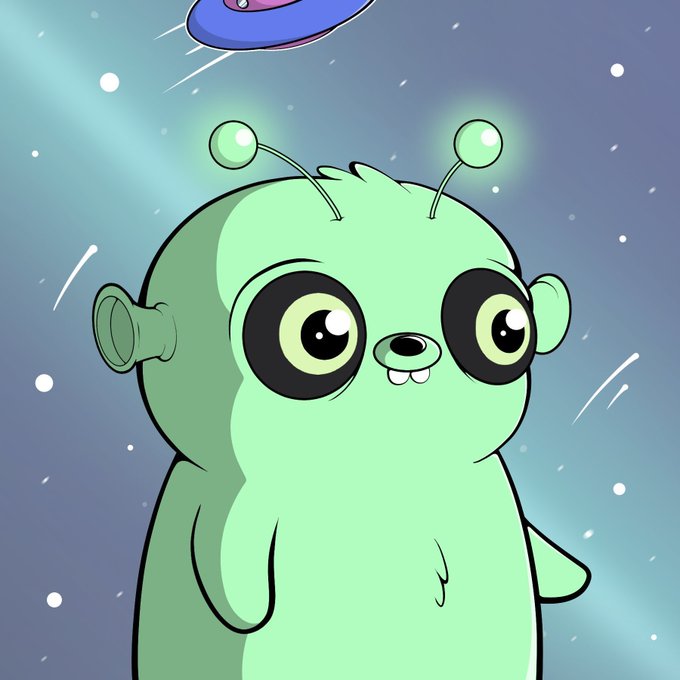 A cartoon illustration shows a green alien character with large eyes, antennae, and a small smile floating in a starry space setting with a UFO above.