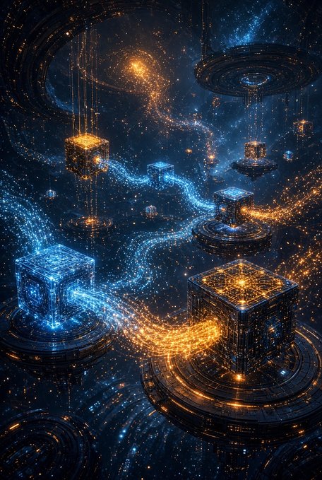 A digital artwork featuring glowing blue and orange cubic structures connected by streams of light particles in a dark, starry cosmic environment.