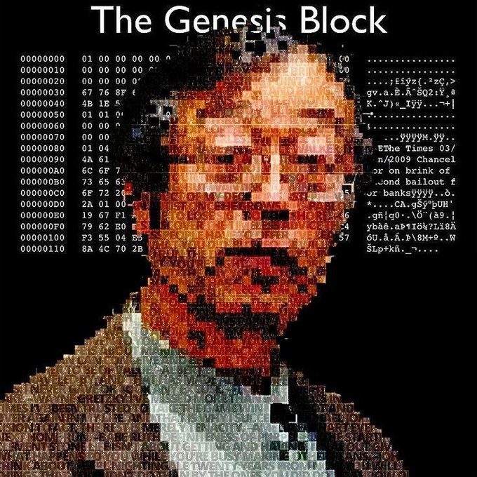Artwork titled 'The Genesis Block' depicting a pixelated, mosaic-style portrait of a man's face overlaid with hexadecimal code and newspaper headlines about the 2009 financial crisis and Bitcoin's genesis block.