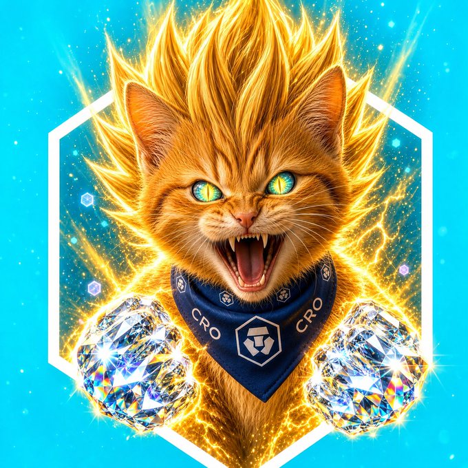 A vibrant digital illustration of a fierce, roaring orange cat with glowing yellow eyes and a spiky golden mane, wearing a blue CRO bandana and holding sparkling diamond paws against a bright blue background.
