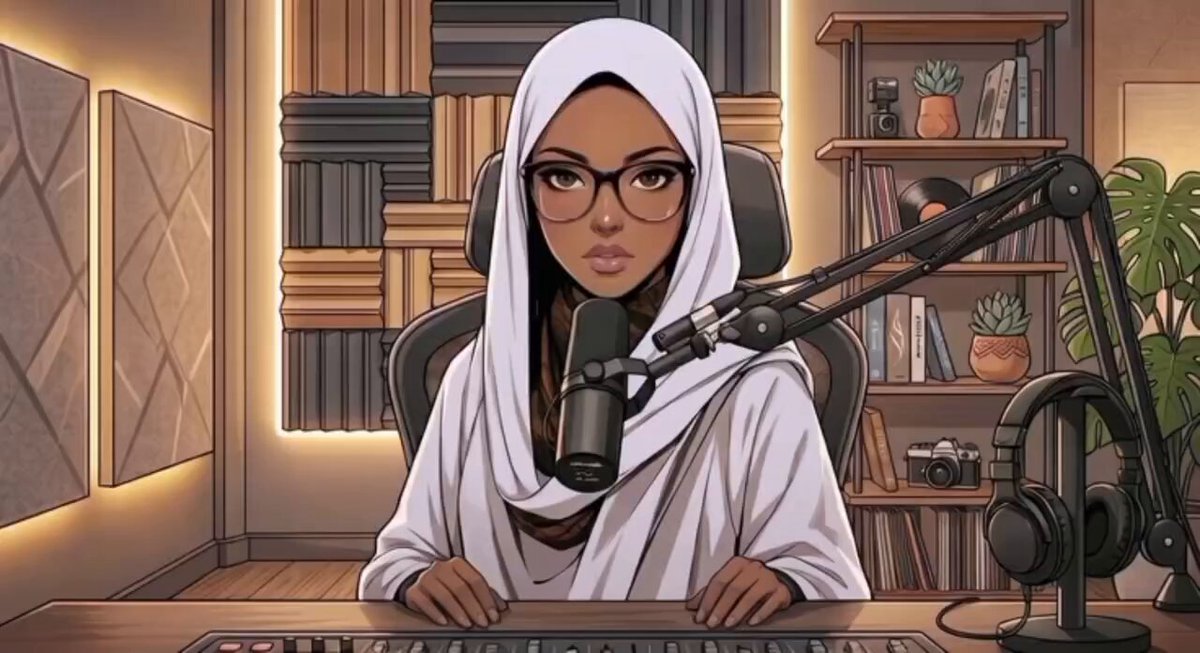 The image features an animated cartoon woman wearing glasses sitting at a desk with a microphone in front of her. She appears to be engaged in some sort of activity or conversation, possibly related to the concept of AI-powered validators as suggested by the caption above. The scene is set against a backdrop that includes books and potted plants, which further emphasizes the idea of intellectual exploration and learning.