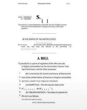The image shows a document titled "A Bill" written in black text against a white background. The document appears to be related to cryptocurrency regulation or discussion, as indicated by the title of the bill. It seems that the bill has cleared another hurdle in the U.S. Senate and is now moving closer to a full vote. The image also includes some text about XRP, which could potentially be related to the bill's content.