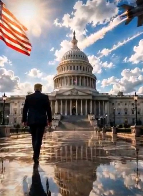 A man in a suit walks toward the U.S. Capitol building beneath a waving American flag, symbolizing the upcoming Senate vote on the CLARITY Act. The reflective ground and dramatic sky emphasize the historic weight of the July 13–17 week for digital asset regulation.
