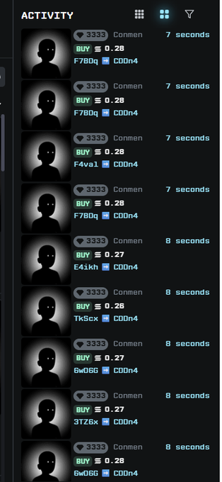 An activity feed displaying multiple transaction entries with user IDs (F78Oq, F4Va1, E4ikh, Tk5cx, 6wO6G, 3T26x), 'BUY' orders at prices of 0.27-0.28, all showing 'CO0N4' and timestamps of 7-8 seconds.