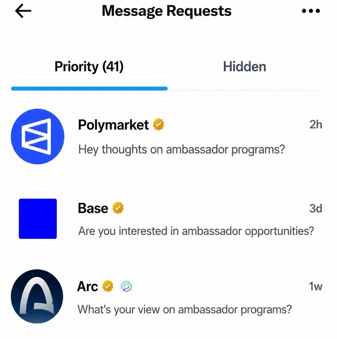 A phone screen displays a message request for "base" and "arc", with two responses from the Polymarket app.