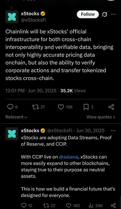 A series of tweets from xStocks (@xStocksFi) announcing Chainlink as their official infrastructure for cross-chain interoperability and verifiable data, mentioning adoption of Data Streams, Proof of Reserve, and CCIP on Solana.