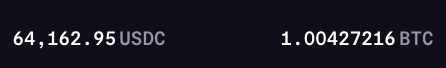 A dark screen displays white text showing a crypto purchase: "64,162.95 USDC" on the left and "1.00427236 BTC" on the right, illustrating a Bitcoin buy order at around $63,900 per BTC. The image serves as visual confirmation of the poster's continued accumulation of Bitcoin at current prices.
