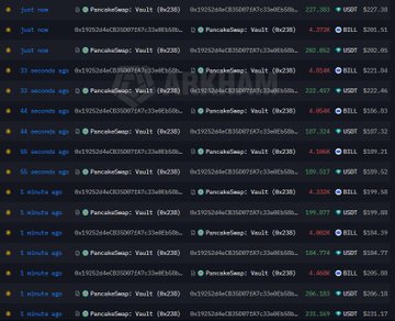 A dark-themed cryptocurrency trading interface displays real-time transaction data for 'PancakeSwap: Vault' on the BNB chain, with rows of red and green price changes and timestamps indicating 'just now' and 'seconds ago'.