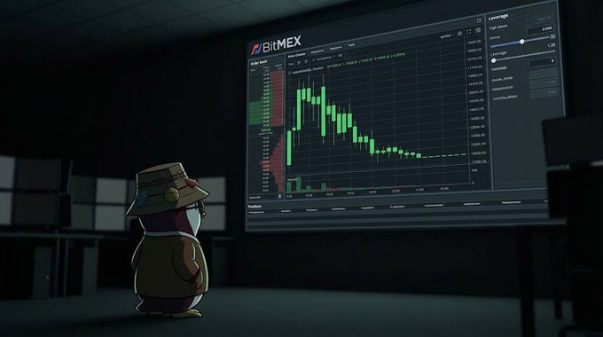 An animated cartoon character wearing a hat and trench coat stands in a dark room looking at a large screen displaying a BitMEX cryptocurrency trading chart with green candlesticks.