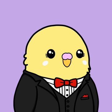 A cartoon illustration of a yellow chick wearing a black tuxedo with a red bow tie and pocket square, set against a light purple background.