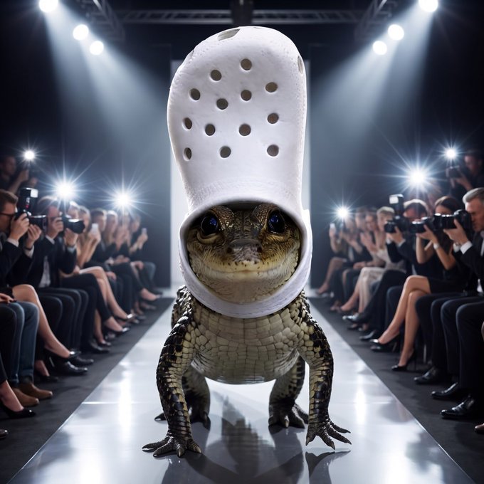 A crocodile walks a fashion runway in a Crocs clog as photographers capture the absurd scene, humorously representing the meme stock hype around the ticker $CROCS and its "super undervalued" promotion.