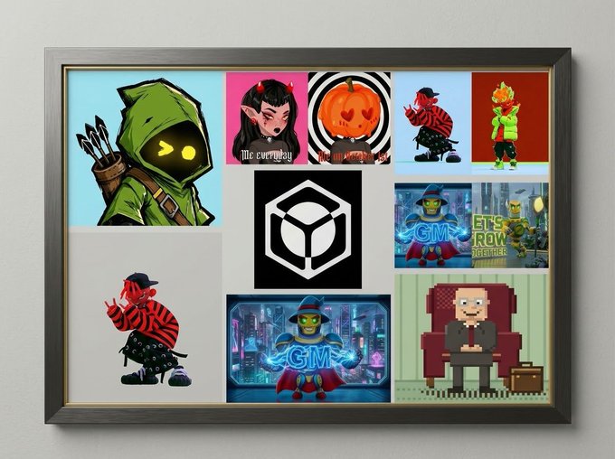 A framed poster featuring multiple cartoon-style illustrations including hooded figures, a pumpkin-headed character labeled 'The everyday', and characters with a central geometric logo.