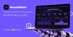 A promotional banner for 'MonadWatch' announcing it is 'OFFICIALLY LIVE', powered by Lava, with the Monad Testnet Network & Analytics Explorer logo.