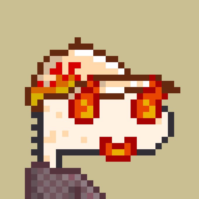 A pixel art portrait depicts a person wearing distinctive red and yellow square-shaped sunglasses and what appears to be a flaming or decorative headpiece, rendered in a retro video game style.
