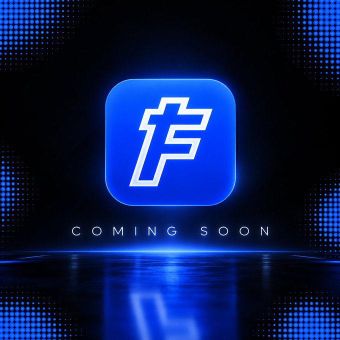 A promotional graphic featuring a blue illuminated app icon with a stylized 'f' logo, with the text 'COMING SOON' displayed below against a dark background with blue pixelated patterns.