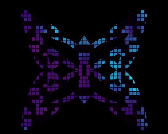 A symmetrical pixel-art graphic in purple and blue tones resembling a butterfly or abstract geometric design against a black background.