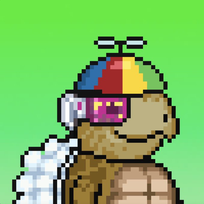 A pixel art illustration of the character Chuck E. Cheese wearing VR goggles and a colorful propeller beanie against a green background.