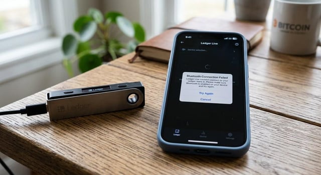 A Ledger hardware wallet is connected via USB to a smartphone displaying a 'Bluetooth Connection Failed' error message in the Ledger Live app, sitting on a wooden table next to a 'BITCOIN' coffee mug.