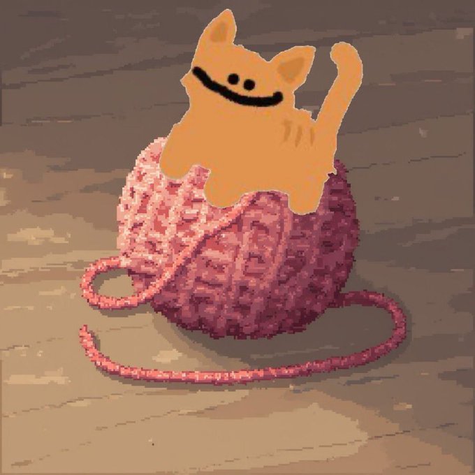 A digital illustration of the "Pat the Puppy" meme character, an orange smiling cat-like creature, sitting on top of a pink ball of yarn.