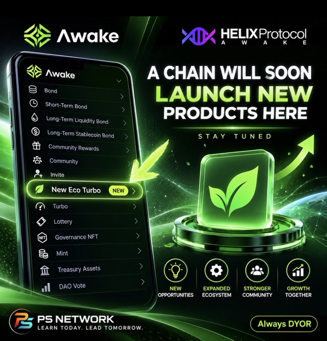 An advertisement for Awake (Helix Protocol) showing a mobile app interface menu with options like 'New Eco Turbo', 'Governance NFT', and 'DAO Vote', promoting upcoming chain products alongside PS Network branding.