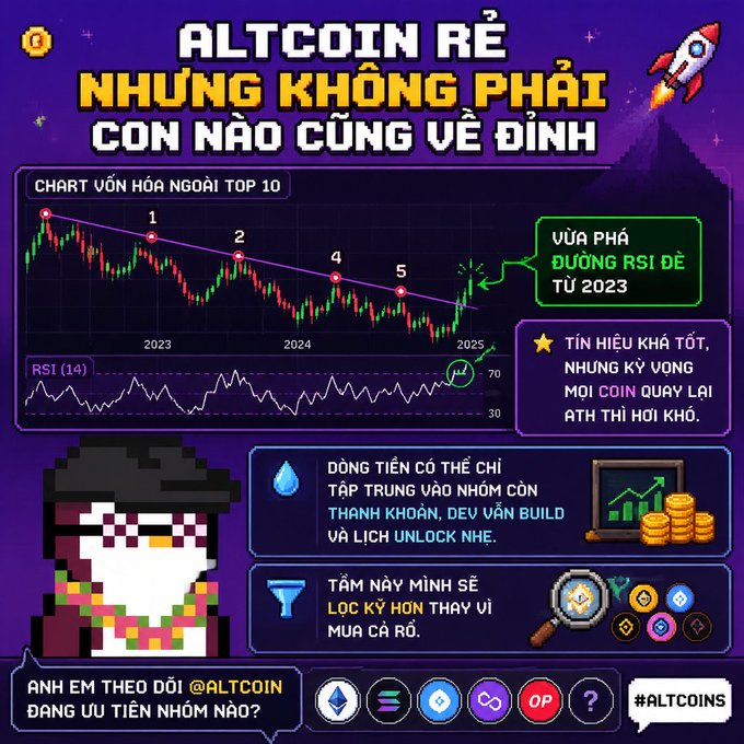 A Vietnamese-language crypto infographic titled 'ALTCOIN RẺ - NHƯNG KHÔNG PHẢI CON NÀO CŨNG VỀ ĐỈNH' (Altcoins cheap, but not all return to peak) analyzing a market cap chart of top 10 altcoins from 2023-2025 with RSI (14) indicator, advising on tokens with good fundamentals and unlock schedules, tagged #ALTCOINS with logos of various cryptocurrencies.