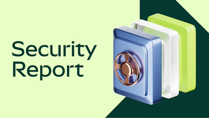 The image shows a "Security Report" graphic with text on the left side and a 3D-rendered safe/vault icon in blue, white, and green stacked blocks on the right, visually representing MetaMask's crypto security report and reinforcing the post's focus on MetaMask's substantial security measures like blocking 6.5 million malicious website visits and preventing 150,000 malicious transactions.