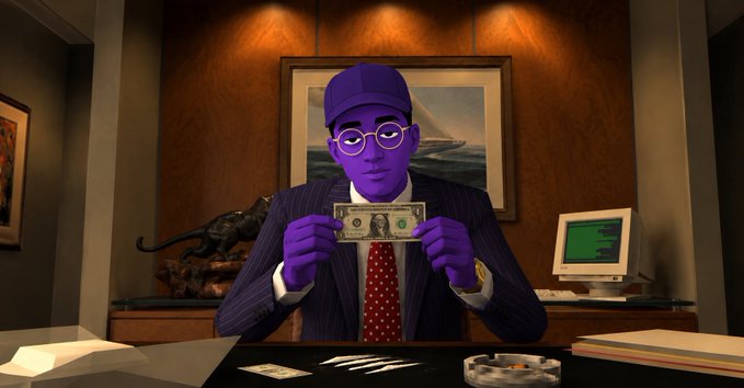 A 3D rendered character entirely in purple (skin, cap) wearing a pinstripe suit and red tie, holding a US dollar bill in an office setting.