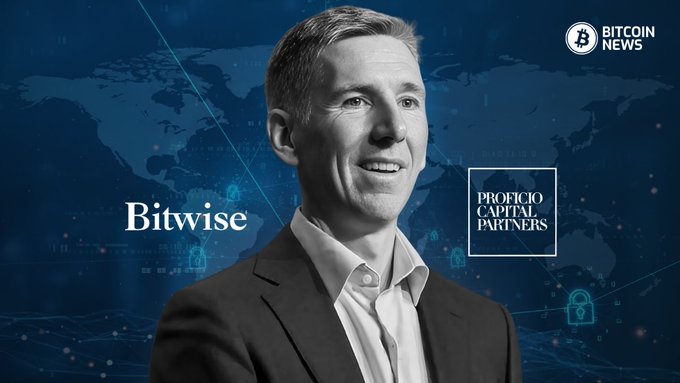 The image features a professional man in a suit against a blue background with a world map, accompanied by the "Bitwise" and "Proficio Capital Partners" logos, as well as a "Bitcoin News" logo in the top right corner—visually tying to the post about Bitwise's new Bitcoin-gold investment product aimed at hedging against currency debasement.